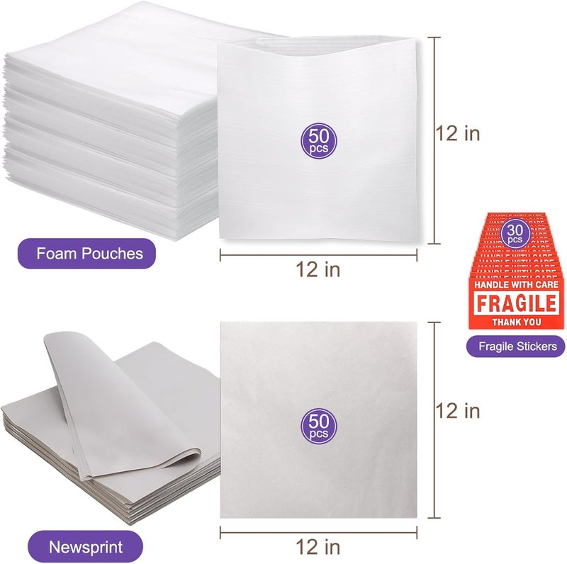 VIOBEPASS 130 Pcs Moving Supplies Set, 50 Pcs 12'' x 12'' Foam Pouches & 50 Sheets 12'' x 12'' Packing Paper & 30 Pcs Fragile Stickers, Packing Foam Pouches and Newsprint Paper for Protecting Dishes Cup China - Image 2